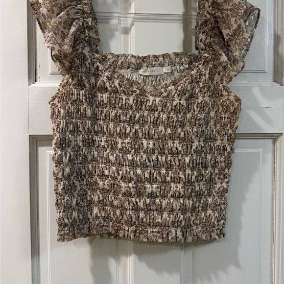 Lush Tops - Floral Smocked Top - Cream and Purple
